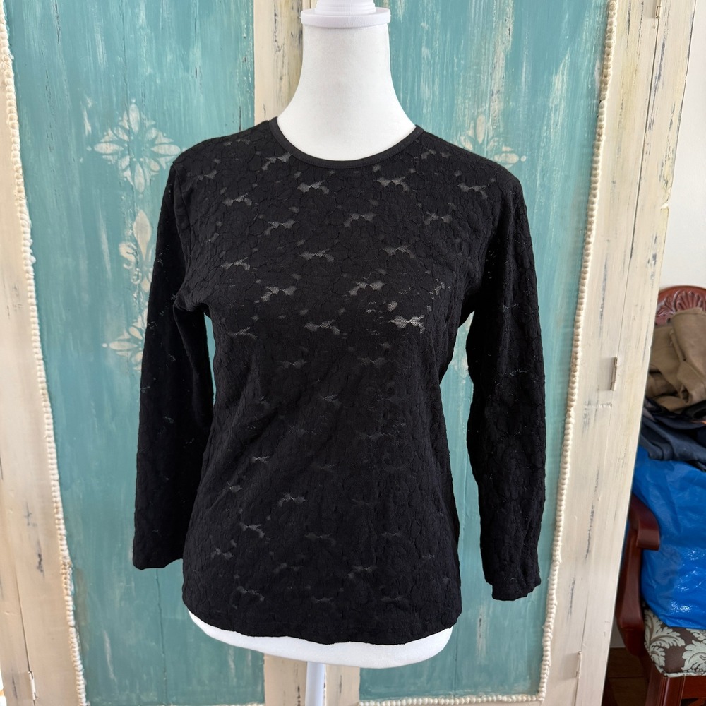 Caia Black Floral Lace Long Sleeve Top Crew Neck Made in USA Size Large 2A603